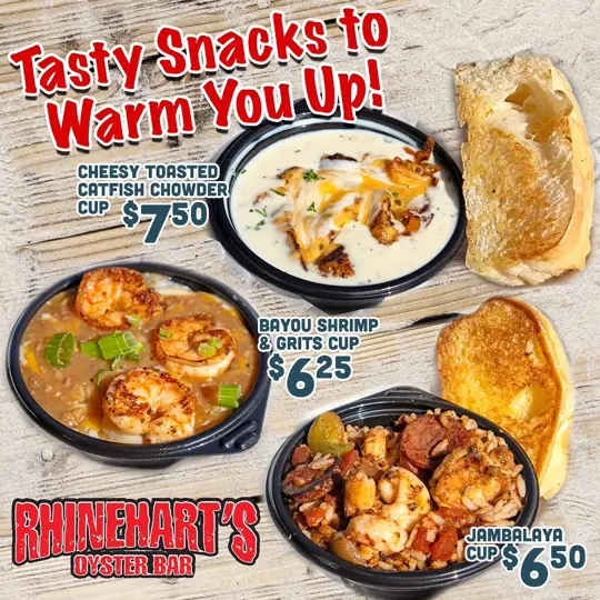 Rhinehart's Oyster Bar in Augusta showing seafood, oysters, shrimp, catfish, wings, video by Rhinehart's Oyster Bar on Facebook