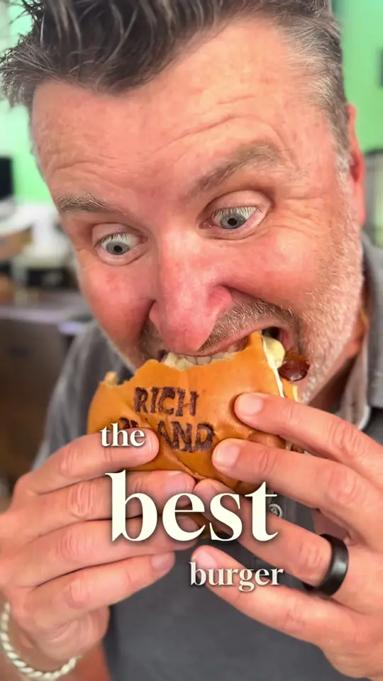 RICH ISLAND in Merritt Island showing burger, 50/50 burger, bacon mixed into patty, island fritta with guava, pickle chips, video by brevardbanana on TikTok