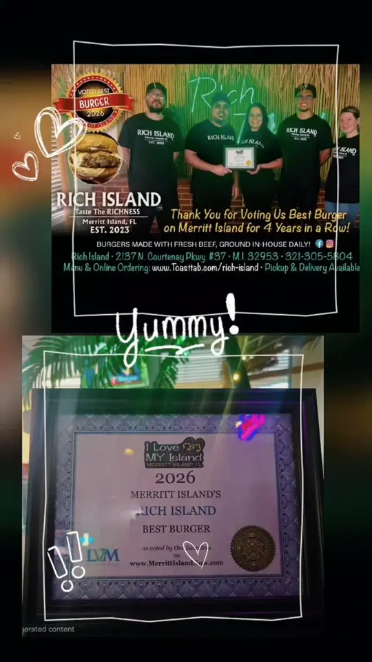 RICH ISLAND in Merritt Island showing restaurant, award, best burger, video by RICH ISLAND on Facebook