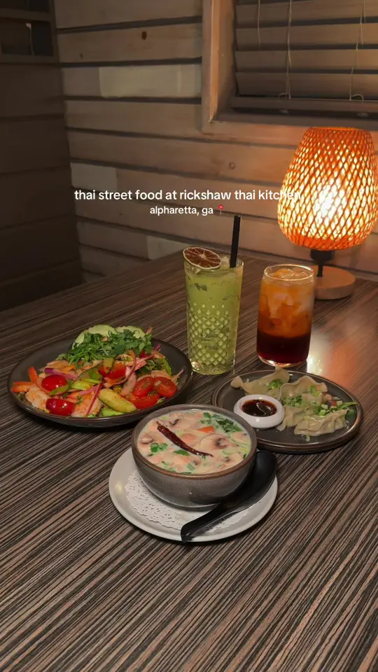Rickshaw Thai Kitchen in Alpharetta showing review, matcha mango lemonade, thai tea, steamed gyozas, yum shrimp salad, vegan coconut soup, drunken noodles, video by tasteatl on TikTok