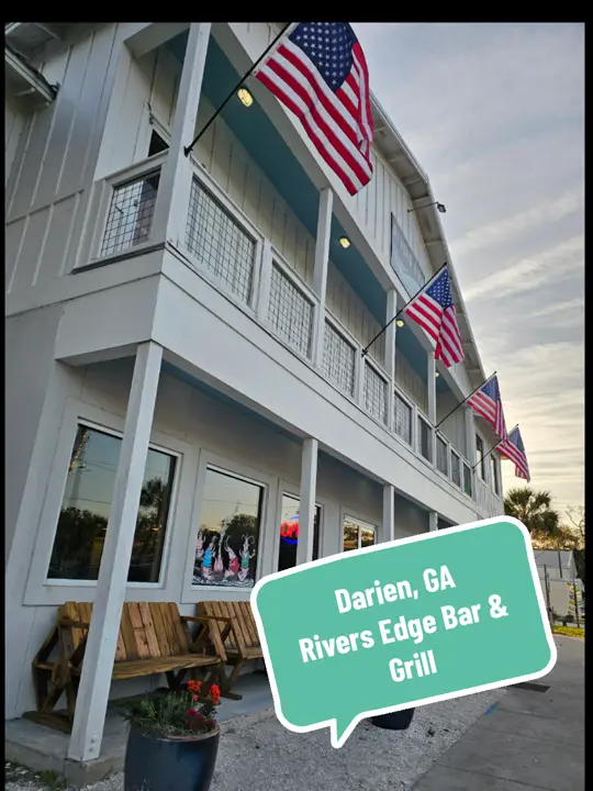 Rivers Edge Bar and Grill in Darien showing dinner, sunset views, stroll, video by marine_bio_finatic27 on TikTok
