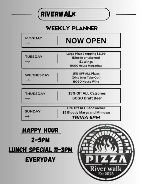 Riverwalk Pizzeria in St Marys showing pizza, wings, calzones, sandwiches, drinks, trivia, video by Riverwalk Pizzeria on Facebook