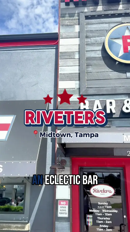 Riveters Tampa in Tampa showing review, visit, buffalo chicken dip, kram it prime rib sandwich, video by eatlocalflorida on TikTok