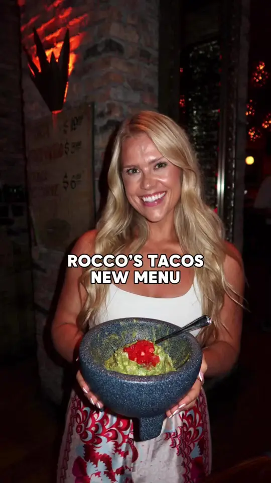 Rocco's Tacos - FLL Airport in Fort Lauderdale showing visit, new menu items, guacamole with steak, guacamole with pork belly, brisket nachos, smash burger taco, video by shellyteal on TikTok