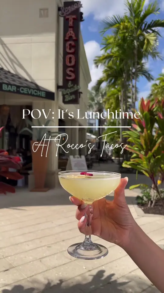 Rocco's Tacos & Tequila Bar in Boca Raton showing cocktail, skinny margarita / mocktail, mulecumber / taco, macha shrimp tacos / chips and salsa, elotes, video by roccostacosandtequilabar on TikTok