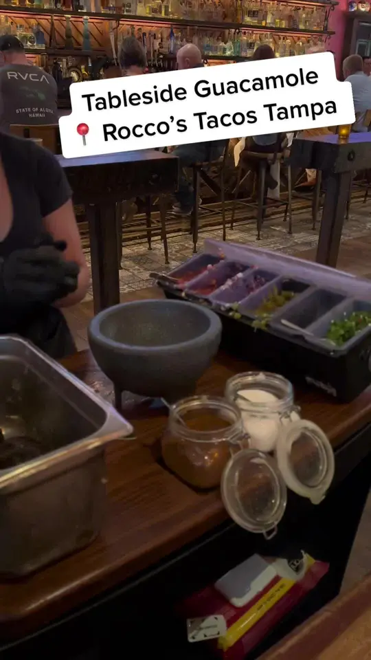 Rocco's Tacos & Tequila Bar in Tampa showing visit, tableside guacamole, video by carloseats on TikTok
