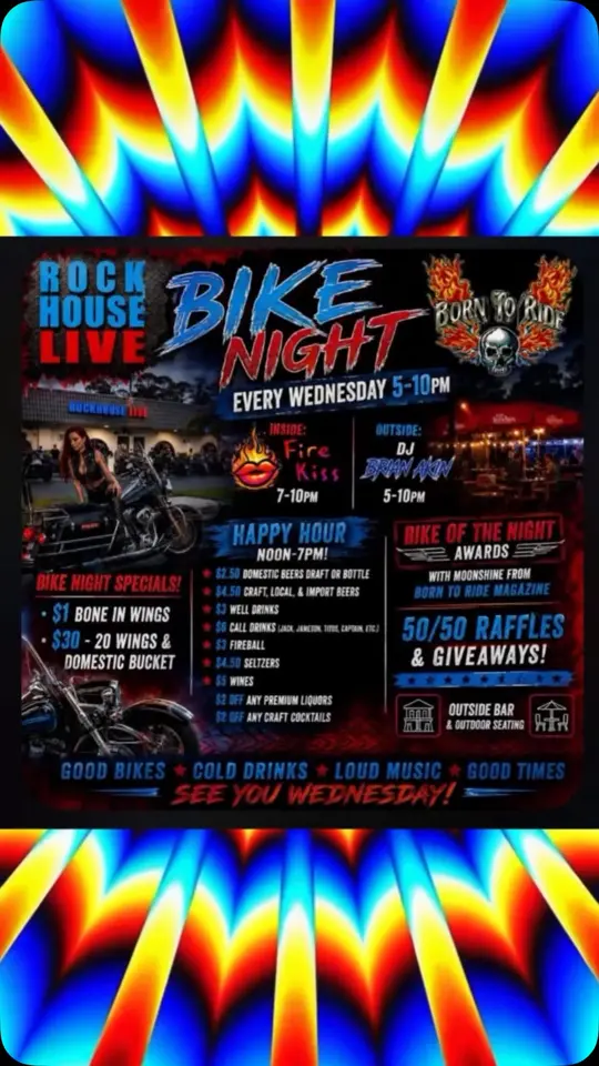 RockHouse Live IRB Largo in Largo showing live music, dj, happy hour specials, bone-in wings, domestic beer bucket, video by Born To Ride TV & Magazine on Facebook