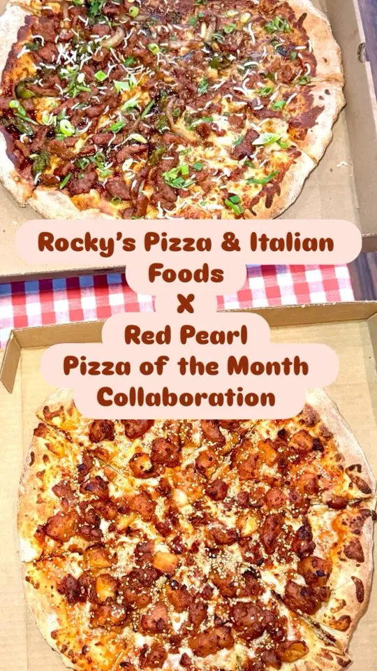 Rocky's Pizzeria Restaurant in Flagler Beach showing pizza, mongolian beef pizza, sesame chicken pizza, video by Eating With Amy on Facebook