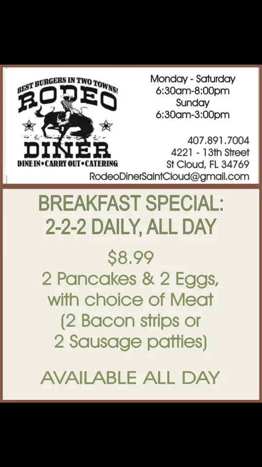 Rodeo Diner in St Cloud showing breakfast, daily special, video by Rodeo Diner - Saint Cloud on Facebook