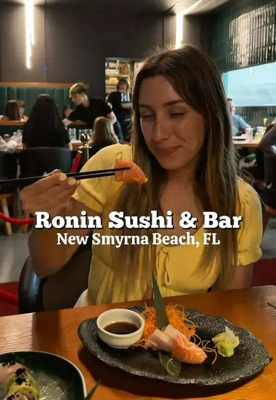  in Florida showing visit, review, food, crispy rice bites, steamed pork dumplings, fantasy roll, salmon & yellowtail sashimi, video by datenightorl on TikTok