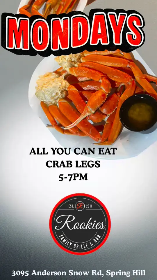 Rookies Family Grille & Bar in Spring Hill showing event, all you can eat crab legs, video by Rookies Family Grille and Bar on Facebook