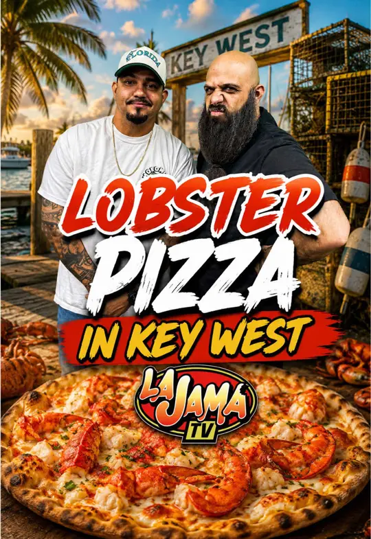 Roostica Pizzeria in Key West showing review, visit, jamaican wings, lobster pizza, hogfish picatta, video by lajamatv305 on TikTok