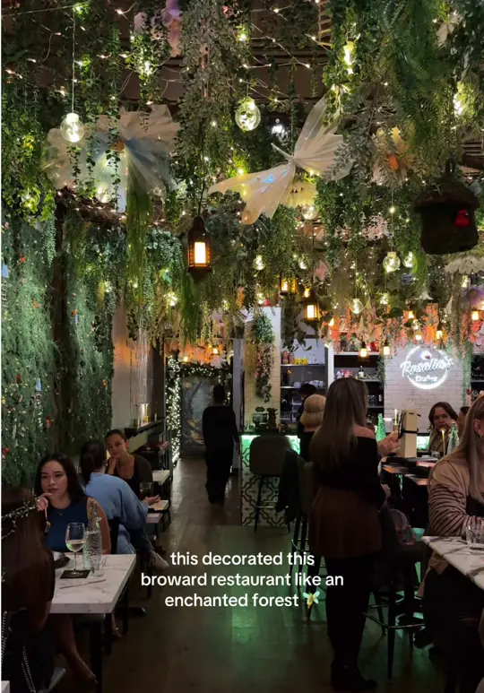 Rosalia's Kitchen in Miramar showing atmosphere, enchanted forest decoration, family dining, date experience, dinner, video by thebrowardscene on TikTok