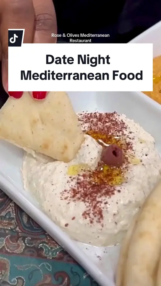 Rose and Olives Mediterranean Restaurant in Duluth showing review, visit, ambiance, service, food, eggplant roasted dip with walnut, garlic, crispy onion and mint, homemade persian ice cream with saffron, pistachios and, video by thefarafix on TikTok