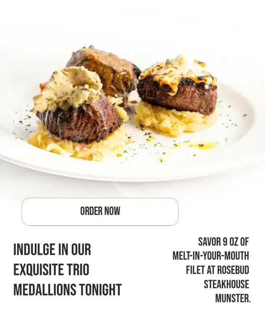 Rosebud's Steak & Seafood House in Osprey showing food, trio medallions, video by Rosebud Steakhouse Munster on Facebook