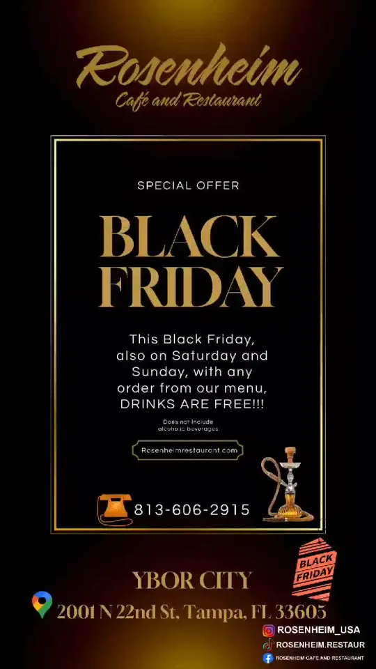Rosenheim Restaurant in Tampa showing promotion, black friday, free drinks, coffee, tea, juice, video by rosenheim.restaur on TikTok