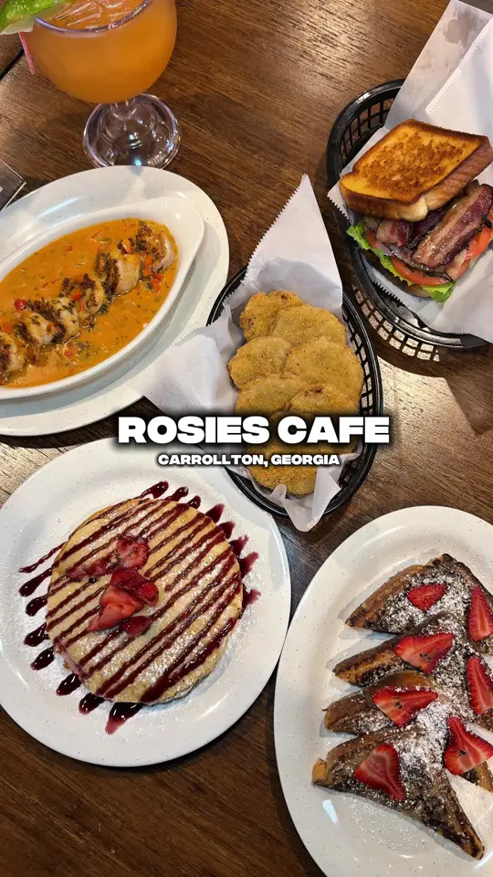 Rosie's Coffee Cafe in Carrollton showing food, shrimp and grits, big bacon blt, french toast, video by vibesinatl on TikTok