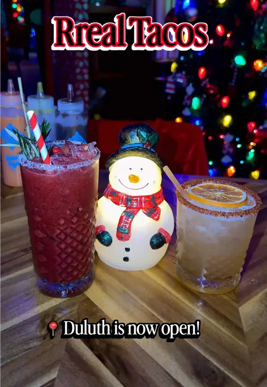 Rreal Tacos - Duluth in Duluth showing food, tacos, pork belly tacos, birria ramen, burrito bowls, drinks, the mistletoe marg, elf punch, duck shot tray, video by servinglooksatl on TikTok