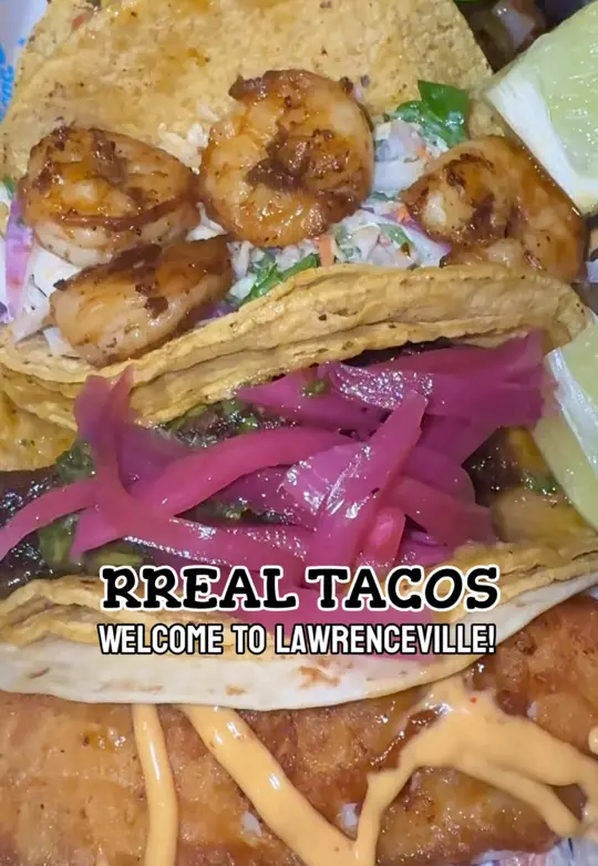 Rreal Tacos - Sugar Hill in Sugar Hill showing restaurant visit, tacos, mexican street food, fresh ingredients, handcrafted salsas, made-to-order tacos, video by servinglooksatl on TikTok