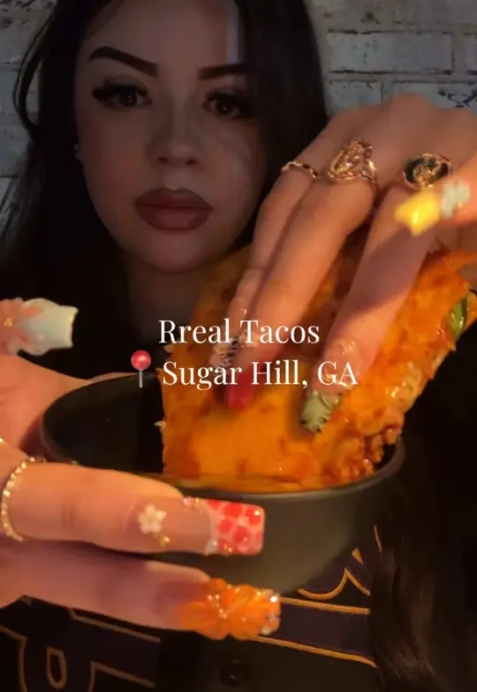 Rreal Tacos - Sugar Hill in Sugar Hill showing review, taco platter, carne asada, al pastor, beef barbacoa, grilled shrimp, birria beef pizza, video by val4hunnid on TikTok