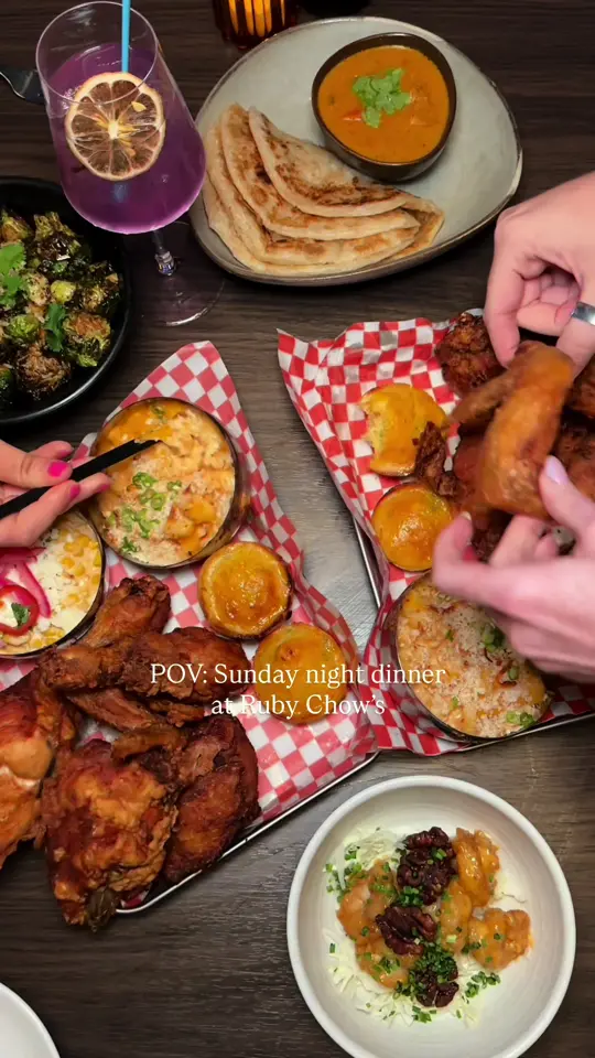 Ruby Chow's in Atlanta showing food, crispy fried chicken, kimchi mac & cheese, elote salad, sriracha honey butter cornbread, sunday night special, video by bestvibesatlanta on TikTok