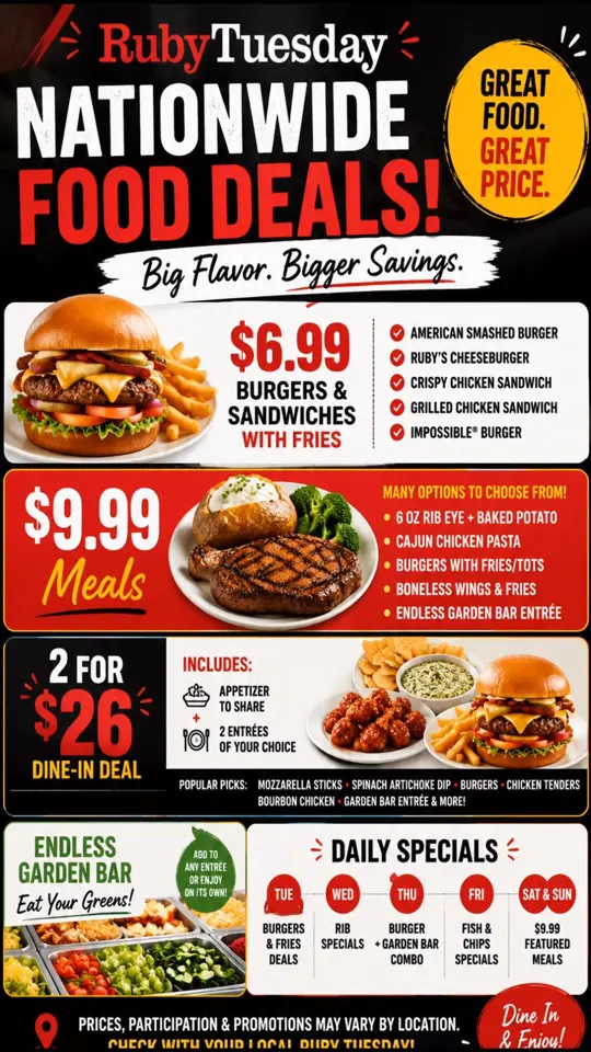 Ruby Tuesday in Royal Palm Beach showing food deal, burger, sandwich, rib eye, chicken pasta, wings, video by Coupons, Freebies & Recipes on Facebook