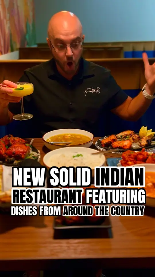 Rudraksh Indian Cuisine in Wesley Chapel showing review, tandoori chicken, mango lassi cocktail, curries, naan, video by Tampa Bay is Awesome on Facebook