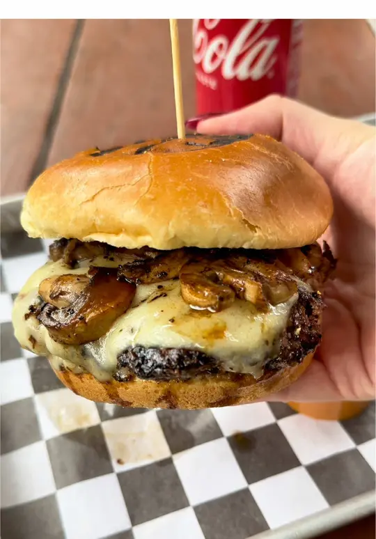 Sabor Venezolano Tamiami in Miami showing food, mushroom swiss burger, video by latinfixins on TikTok