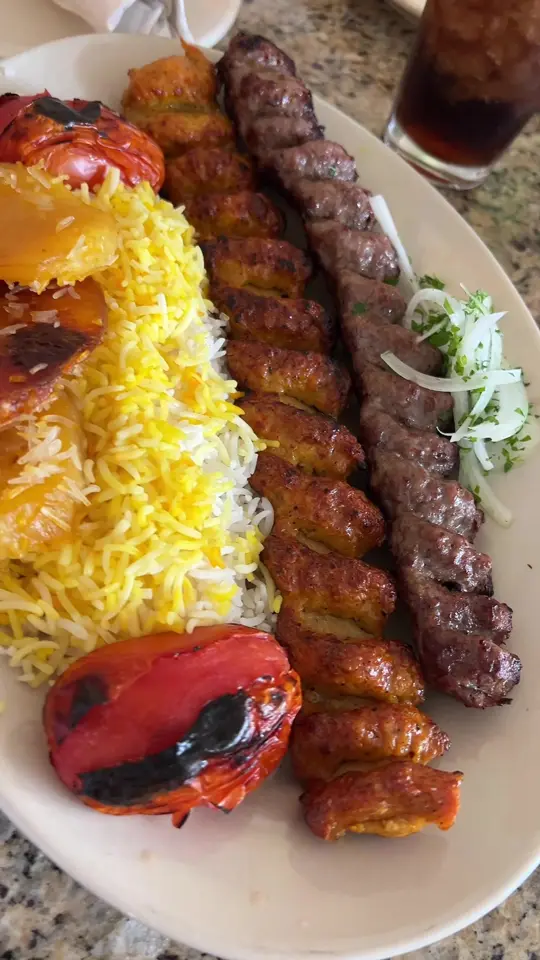 Sahara Mediterranean Fine Wine & Food in Largo showing lunch date, persian food, kebab, koobideh, chicken koobideh, saffron rice, noon o panir, doogh, video by foodiefriendamanda on TikTok