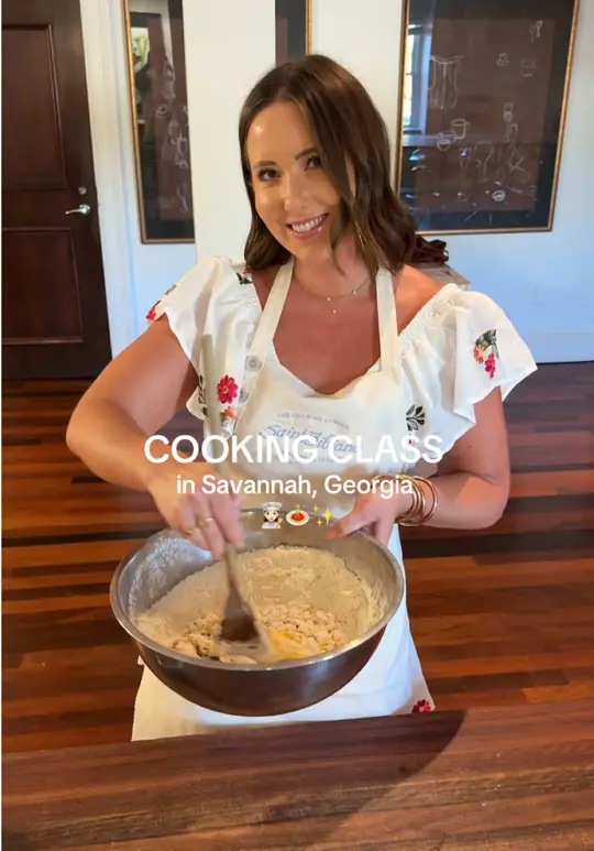Saint Bibiana in Savannah showing cooking class, squid ink tagliatelle, ravioli, olives and white wine cake, cantal, video by thelongweekender on TikTok