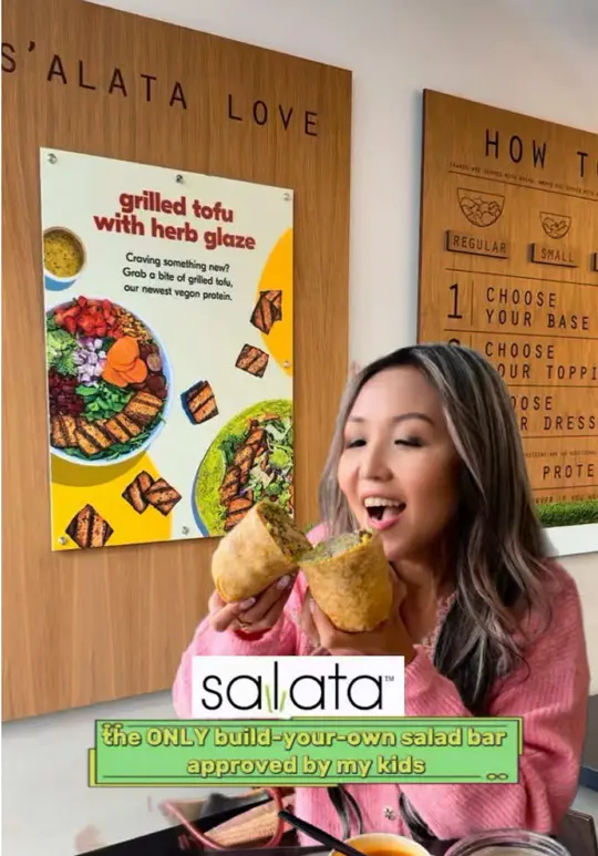 Salata in Alpharetta showing salad, wrap, toppings, proteins, dressings, house-made soups, video by linacapturelife on TikTok