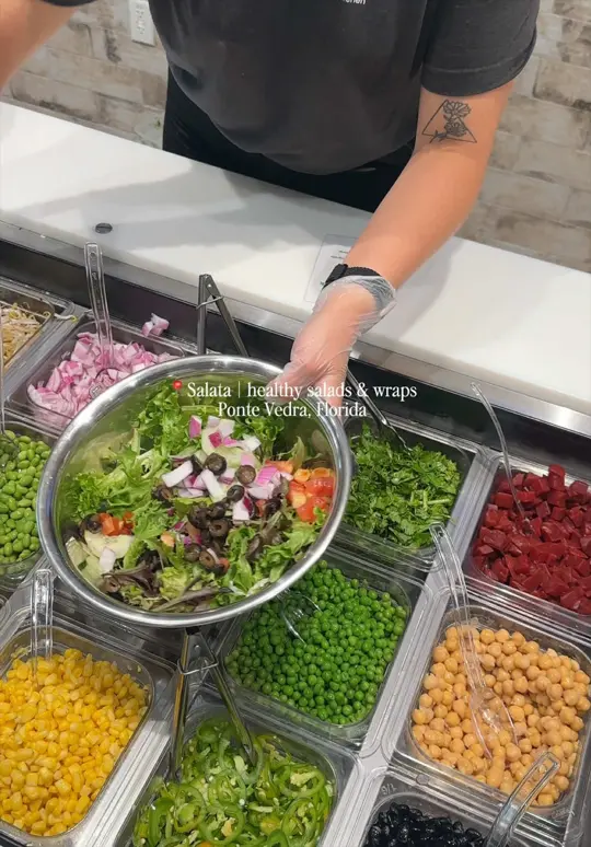 Salata in Nocatee showing visit, build-your-own steak salad, build-your-own chicken wrap, southwest wrap, greek salad, strawberry lemonade, tortilla soup, tomato soup, video by aleiastraveldiary on TikTok