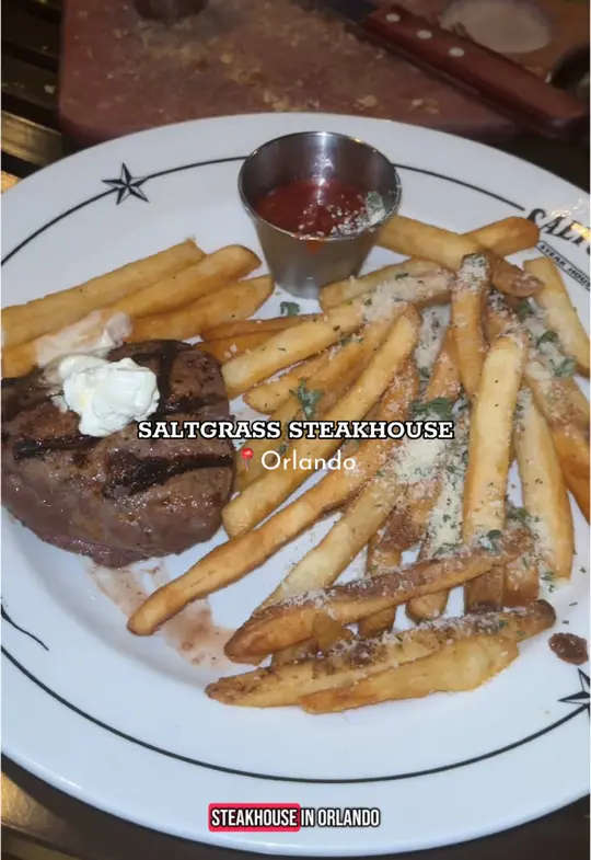 Saltgrass Steak House in Orlando showing review, visit, cocktail, white cosmopolitan, fillet steak, truffle fries, video by sydneyguscott on TikTok