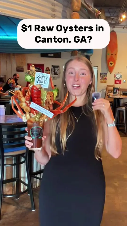 Salty Mule in Canton showing restaurant visit, fresh seafood, gulf oysters, argentine red shrimp, grouper, po’ boys, video by katevalor on TikTok