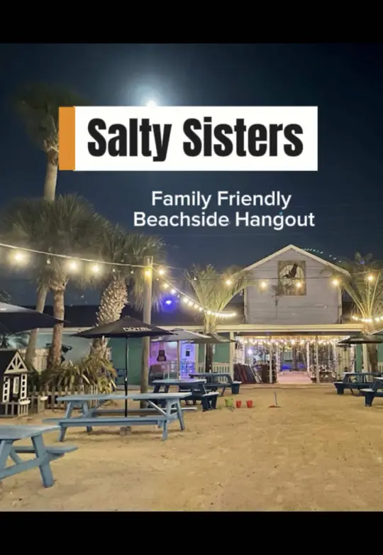 Salty Sisters Bar & Grill in Cocoa Beach showing burger, wing, sandwich, playground, beach atmosphere, video by brevardbanana on TikTok