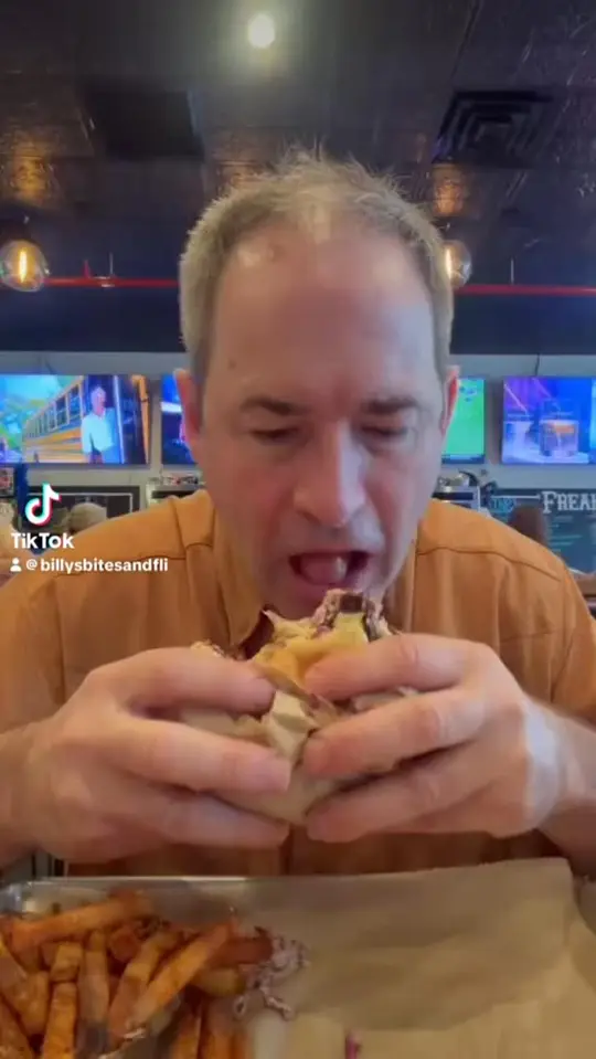 Sammy Barker's in Pensacola showing food review, burger, venue visit, video by Billy’s Bites and Flights on Facebook