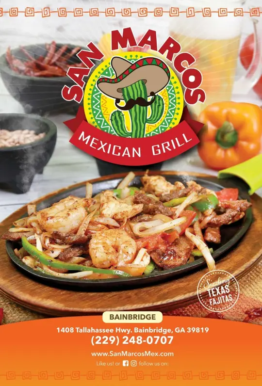 San Marcos in Bainbridge showing menu, fresh authentic flavors, video by San Marcos Mexican Grill Bainbridge on Facebook
