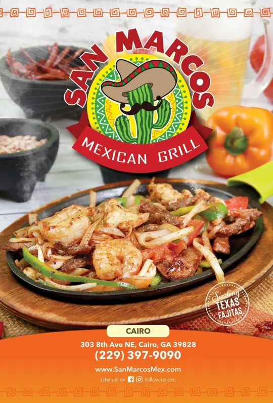 San Marcos mexican Grill in Cairo showing menu, authentic flavors, video by San Marcos Mexican Grill on Facebook