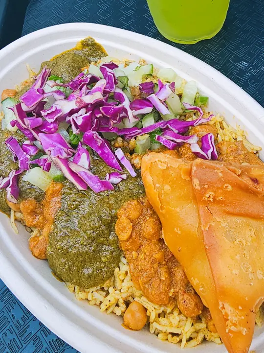 Sankranti Indian Kitchen in Dunwoody showing review, build a curry bowl with chickpeas, veggie samosa, indian lemonade, video by xoxo_mutima on TikTok