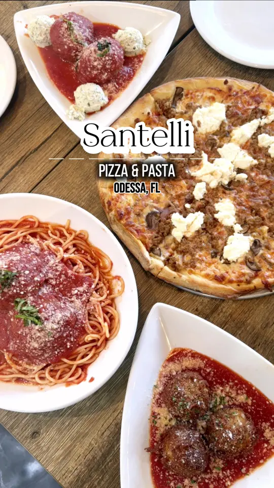 Santelli's in Odessa showing pizza, pasta, video by denalovesfood on TikTok