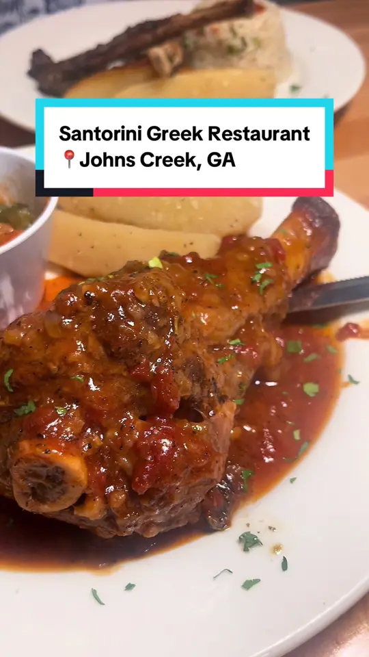 Santorini Greek Restaurant in Johns Creek showing review, lamb shank, stuffed eggplants, video by ohsnapletseat on TikTok