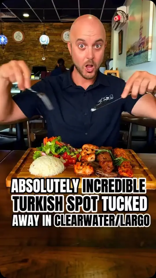 Sara's Kebab House in Clearwater showing review, doner pizza, mixed grill, hummus, homemade bread, video by Tampa Bay is Awesome on Facebook