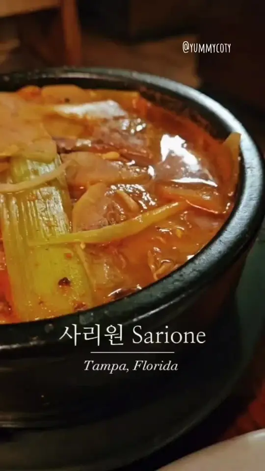 Sarione Korean Restaurant in Tampa showing review, visit, iced barley tea, complimentary side dishes, potato pancake, video by yummycoty on TikTok