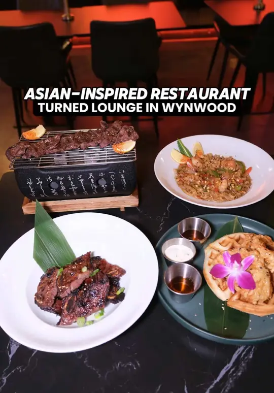Saucy Boodah in Miami showing food, pandan waffles with fried chicken, shrimp pad thai, korean short ribs, churrasco, lounge scene, video by zackaryeats on TikTok