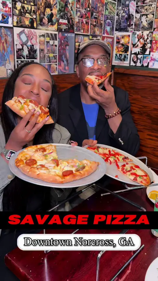 Savage Pizza (Norcross) in Norcross showing pizza, cajun pizza, mediterranean veggie pizza, spinach and cheese calzone, spaghetti and meatballs, hot lemon pepper wings, video by itsallgatl on TikTok