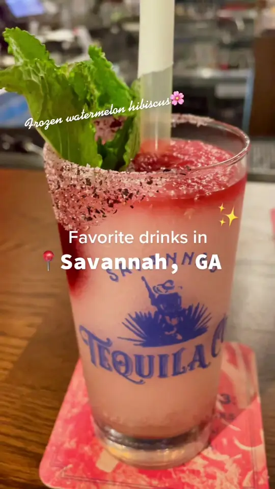 Savannah Tequila Co in Savannah showing drink, watermelon hibiscus frozen drink, video by hannah.in.savannah on TikTok