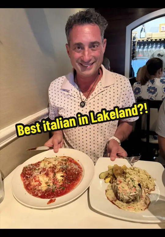 Scarpa's Italian Restaurant in Lakeland showing review, visit, lasagna, filet with lobster, video by foodiejustice on TikTok