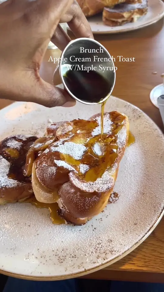Scout in Decatur showing brunch, apple cream french toast with maple syrup, video by fromnishasview on TikTok