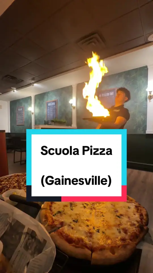 Scuola Pizza in Gainesville showing review, visit, appetizer, saganaki, pizza, margherita pizza, video by bestofgainesville on TikTok