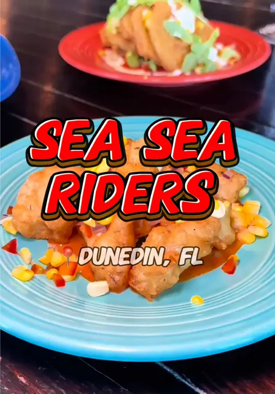 Sea Sea Riders in Dunedin showing food, fried green tomatoes, grouper cheeks, red grouper, jump shrimp dinner, strawberry salad, video by eatlocalflorida on TikTok